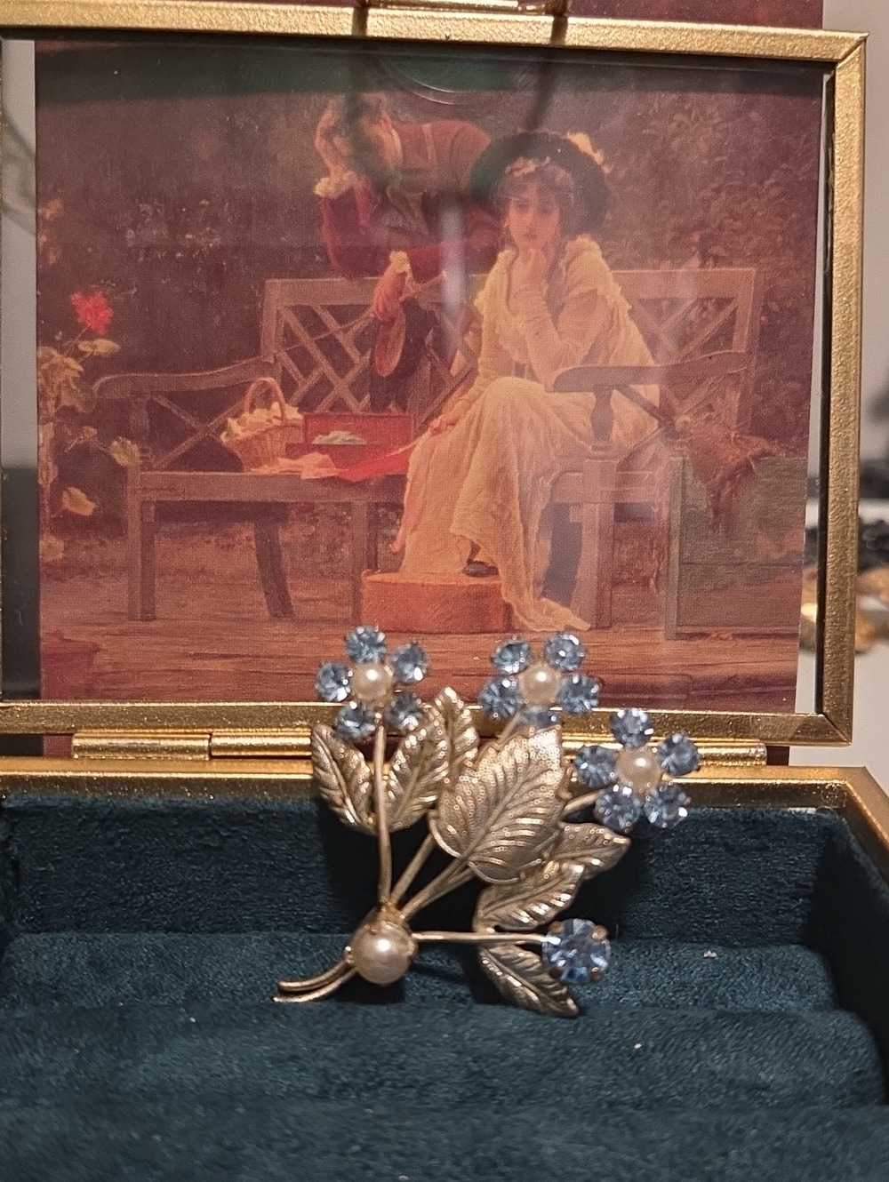 Vintage Floral Pearl & Blue Crystal Brooch - Women Jewelry